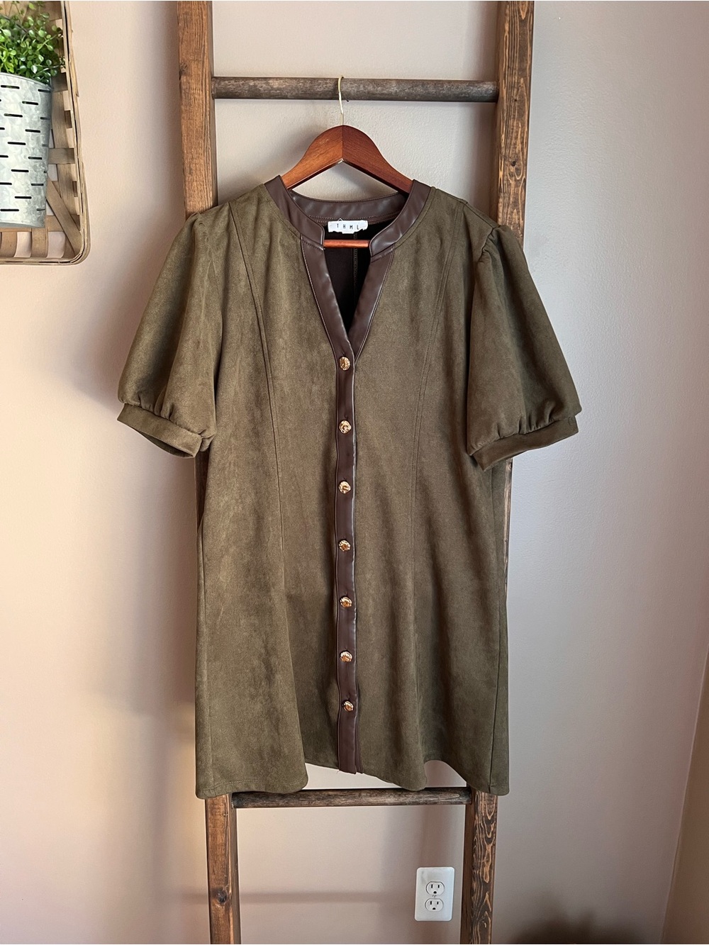 THML Olive Green Short Sleeve Button-Front Mini Dress with Brown Trim